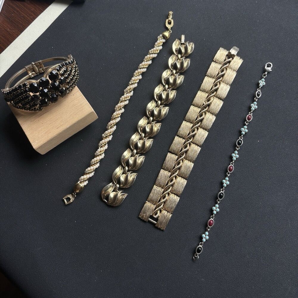 Vintage Signed Bracelet Lot Trifari Lisner Richelieu Black Rhinestone 5 Pc